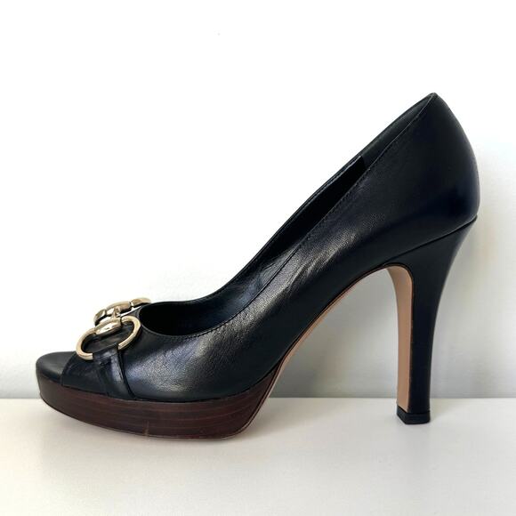Gucci Classic Horsebit Black Leather Peep Toe Platform Heel Pumps Size 7 B - Picture 4 of 14